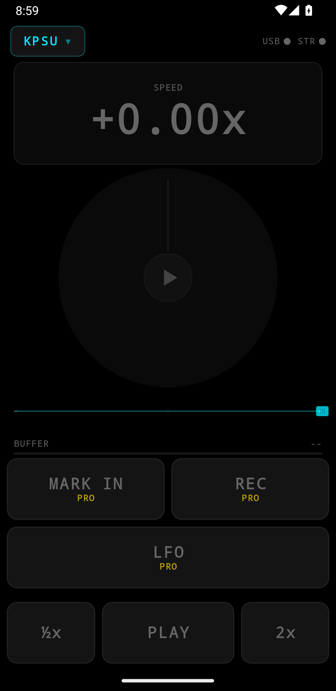 ScratchStream app showing vinyl disc, speed display, buffer bar, and scratch controls