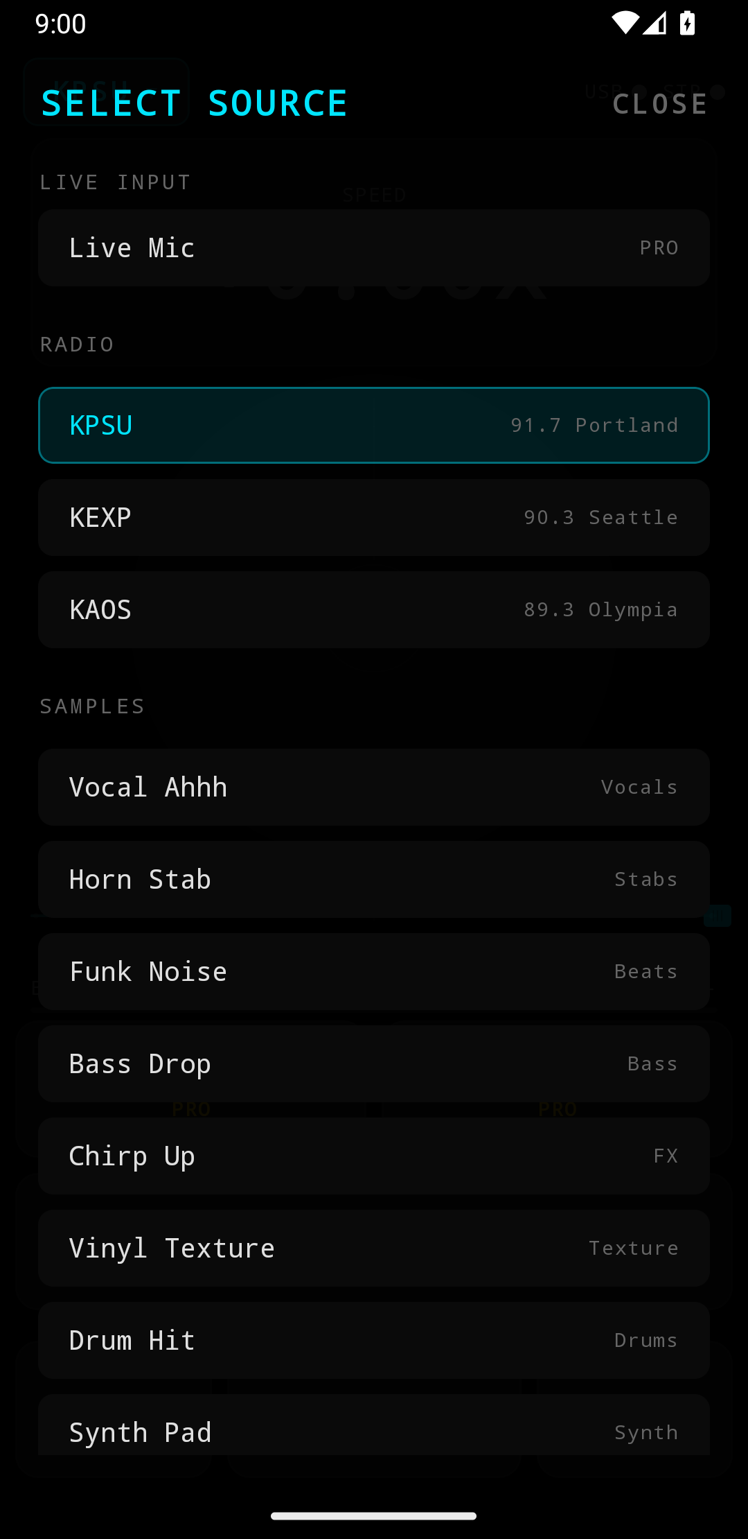 Source picker showing Live Mic, radio stations KPSU/KEXP/KAOS, and sample library